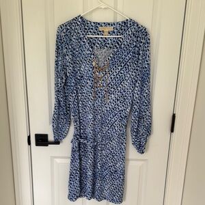 Michael Kors Blue and White Sheath Dress with Bishop Sleeves